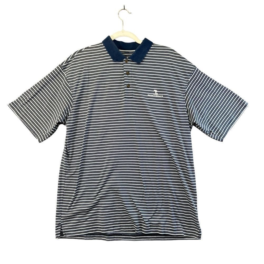 Pebble‎ Beach Mens Performance Golf Polo Shirt Large Blue White Striped Logo